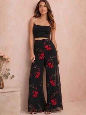 Joseph Ribkoff 90s Floral Wide Leg Sheer Overlay Pant High Rise Palazzo XS-Small